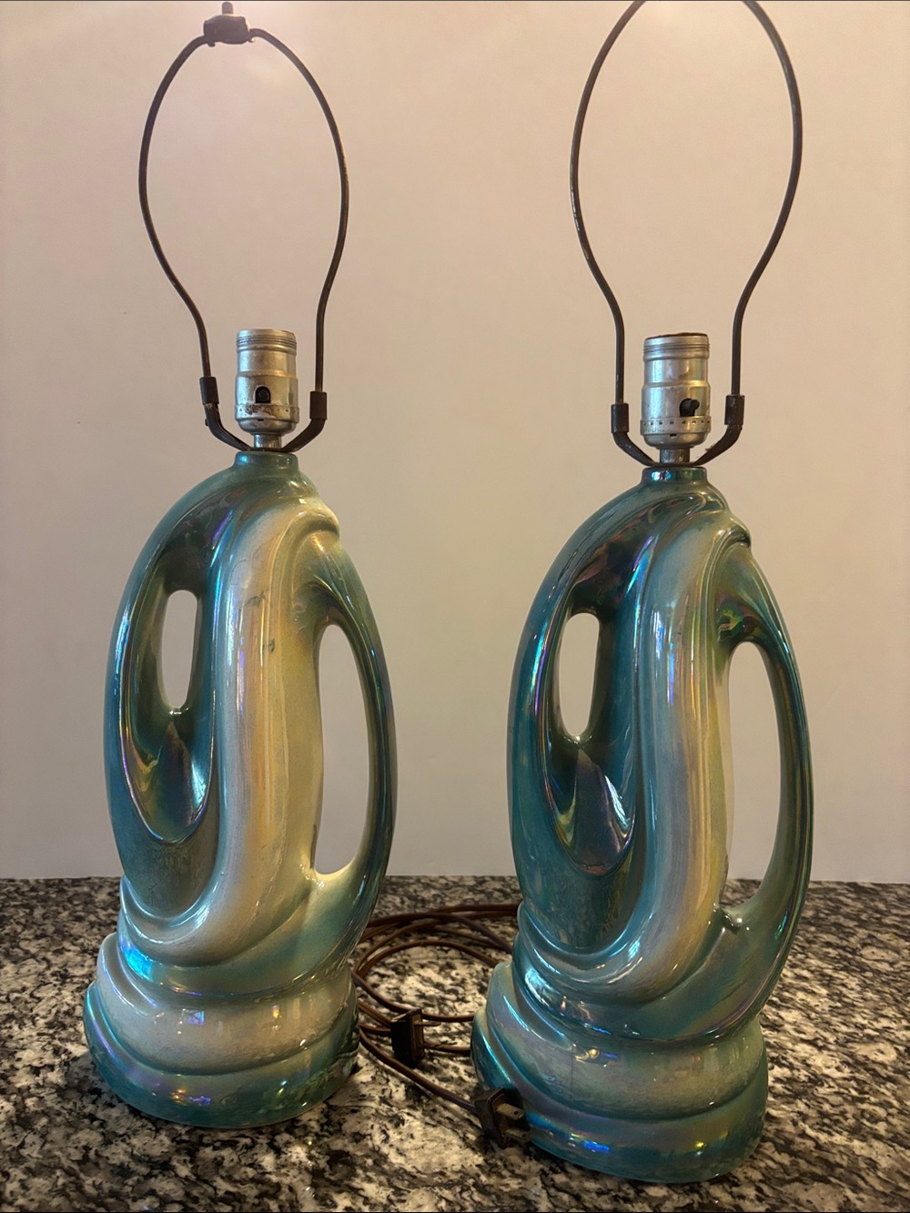 Vintage Iridescent Teal Ceramic Table Lamp - Pair